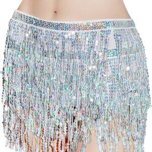 Belly Dance Hip Scarf Sequin Tassel Skirt Wrap Sparkly Rave Costume for Women